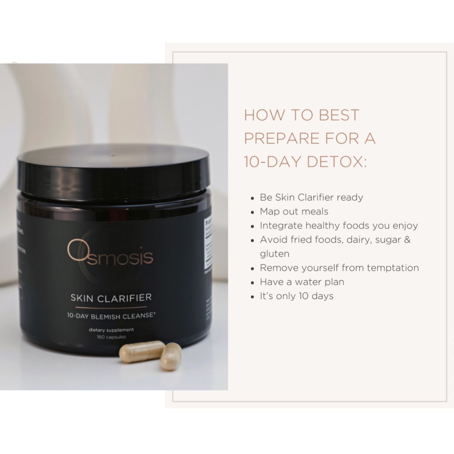 skin clarifier supplement capsules in apothecary jar next to text about a 10 day detox on a white background