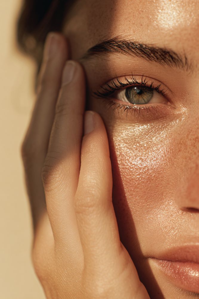 Close-up of a person's eye with a hand gently touching the cheek, against a neutral background.