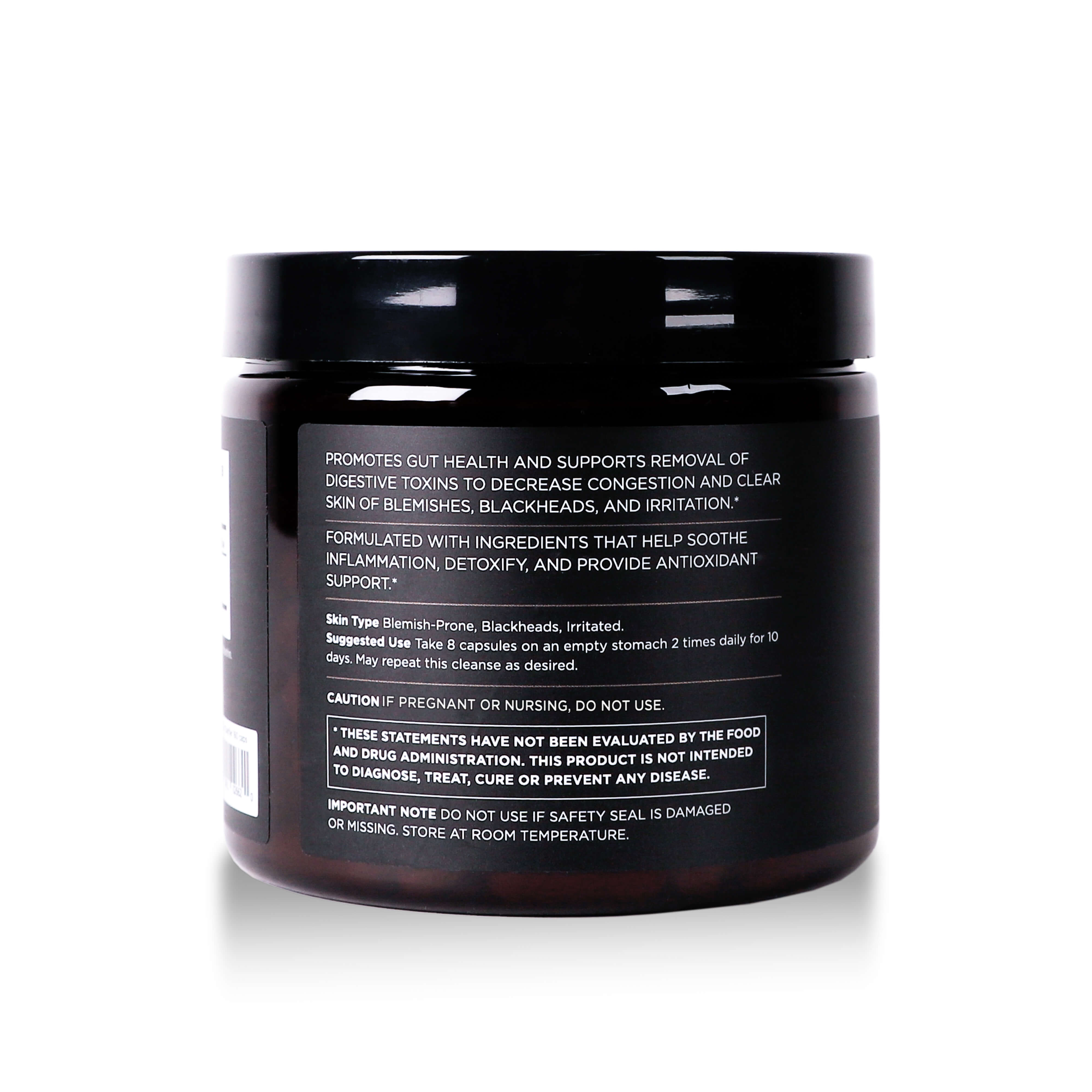 side view of apothecary bottle with supplement capsules on white background