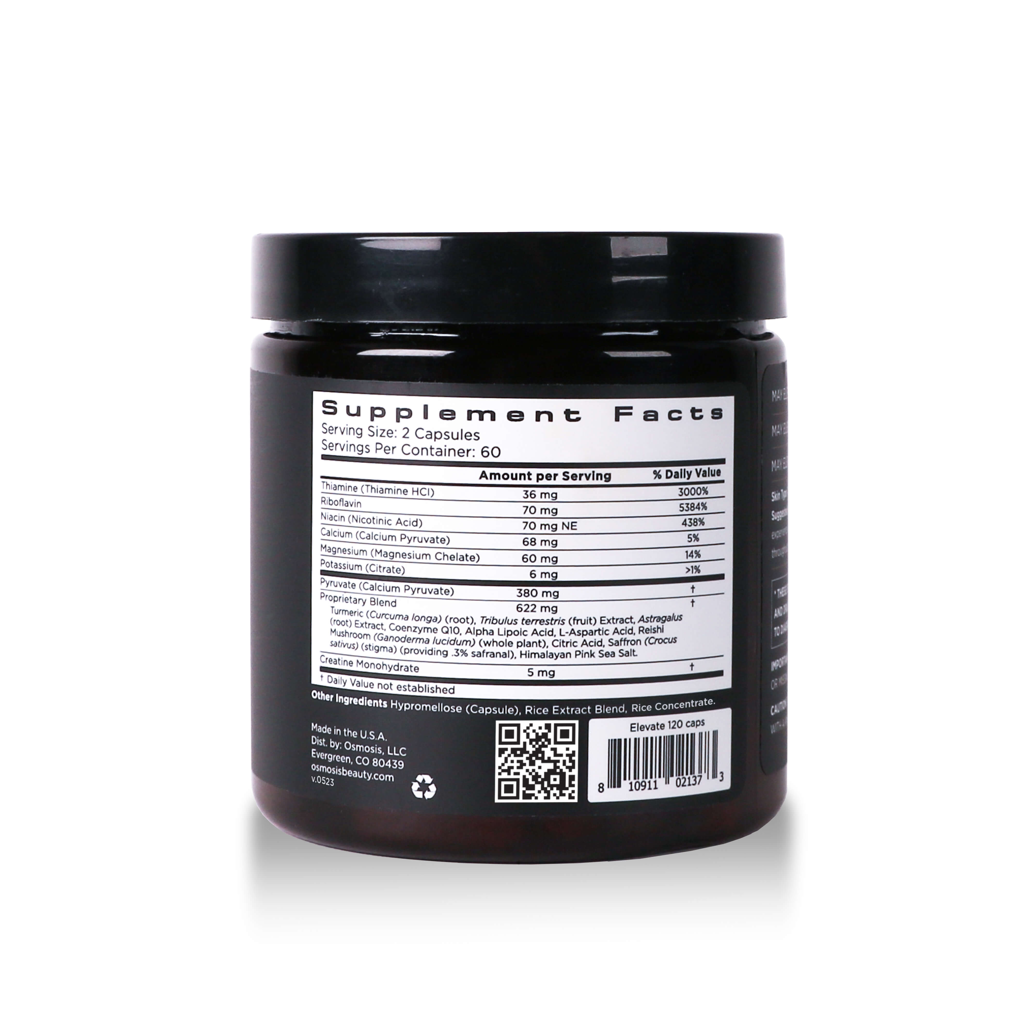 back view of supplement facts on elevate container on white background